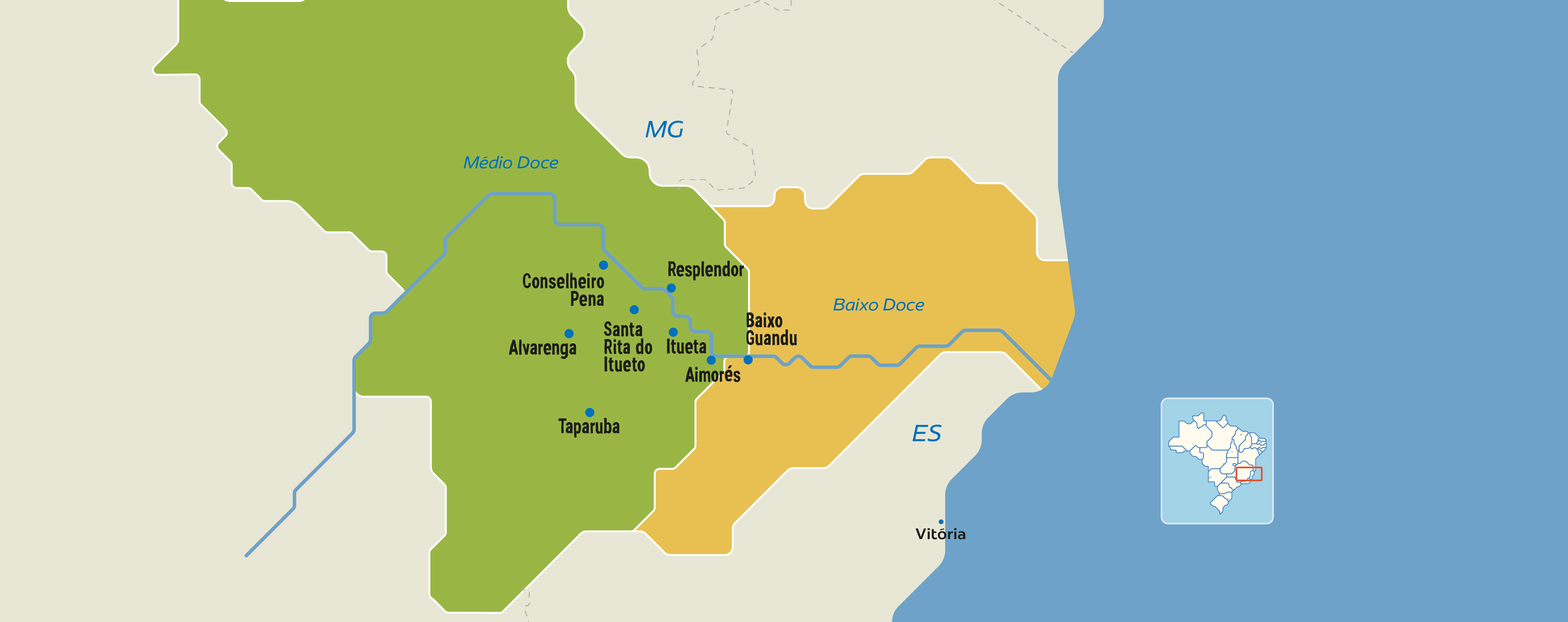 Mapa da bacia do Rio Doce com os municípios atendidos pelo programa